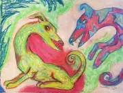 GREYHOUND WHIPPET 13x19 Abstract Art Print Signed by Artist KSams Play Fight