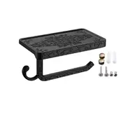 Black Paper Roll Rack with Phone Storage Shelf Aluminum Vintage Toilet Paper Towel Holder for Bathroom Black