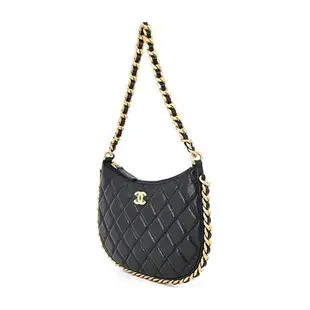 CHANEL Hobo Bag經典雙C LOGO菱格紋小羊皮小號手提/肩背包(黑色)