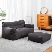 Double Bean Bag Sofa Cover+Footstool Cover(No Filler) Extra Large Washable Gaming Lazy Sofa Lounger Beanbag Chair Covers for Adults Kids and Teens,Dark Gray