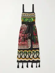 [Farm Rio] Farm Rio - Coconut Tree Flow Belted Tasseled Linen-blend Midi Dress - Multi - x small x small Multi
