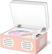 MANGOSTAN Bluetooth CD Player with Speaker - Vintage MDF Wood Wireless CD Player w/Remote Control, Built-in Rechargeable Battery & LED Display - Pink PU Leather Retro Design for Home/Office/Gifts