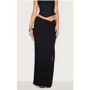 Black Textured Jersey Ruched Side Maxi Skirt, Black