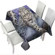 Wildlife Drawings Snow Forest White Leopard Tablecloth