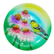 GOLDFINCH IN FLOWER GARDEN TEXTURED ART GLASS BIRD BATH OR DECORATIVE PLATE