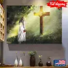Vintage Woman With Missing Piece And Bible Book Bowing Before Jesus Cross