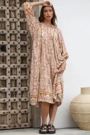 Kamali Midi Dress - Batwing Sleeve Smock Dress with Lace Detailing in Harley Print Rust
