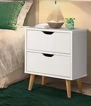 OIKITURE Bedside Table with 2 Drawers, Wooden Storage Cabinet Nightstand Bedroom Living Room Home Furniture Organiser, Side Chest Table for Hallway Office Garden Balcony, White