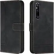 [AAOCLO] Fashion Love Pattern Leather case Compatible with Sony Xperia 1 10 V 10V 1V 2023 Covers Cases Card Slots Wallet flip Cover Lanyard Mobile Accessories (Black,Sony 1 V 2023)