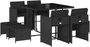 vidaXL Black Poly Rattan Garden Dining Set - Outdoor Bar Set with Cushions, Tempered Glass Tabletop, Compact Storage, 9 Piece