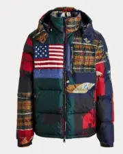 Ralph Lauren Hooded Puffy Down Jacket Patchwork Men L, M Water-Repellent US Flag