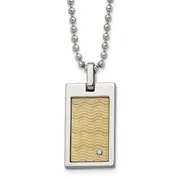 Stainless Steel Chisel Brushed And Polished With 18K Gold Accent .01Carat Diamond Pendant On A 24 Inch Ball Chain Necklace