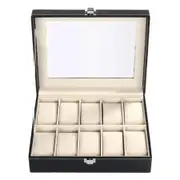 Black Pu Leather Watch Display Stand Box Flannelette Grids with Glass Cover-10 Slot