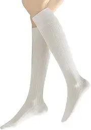[PLZSITDOWN] Women's Knee High Socks - Pure Vertical Stripe Soft Cotton Thin Casual Stocking Tube Socks, Beige