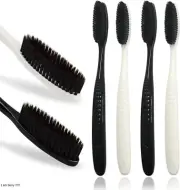 Long Head Toothbrush Hard Firm Charcoal Bristles Removing Plaque White 4-Pack