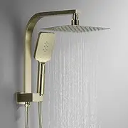 Decaura Twin Shower Head Rail Set Square Gooseneck Shower Arm 8" Rain Shower Head 3-Mode Handheld Brass 2 in 1 Diverter (Brushed Gold)