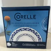 CORELLE LIVINGWARE VITRELLE " COBALT CIRCLE'S " 16 PC. ROUND DINNERWARE NIB