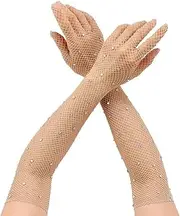 [Generic] Women Rhinestone Fishnet Gloves Long Mesh Sparkly Stretchy Glitter Gloves for Party Wedding Halloween Costume