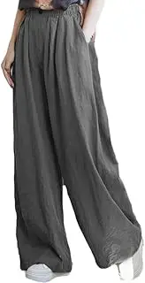[FTCayanz] Women's Linen Pants Wide Leg Palazzo Pants Summer Casual Elastic Waist Trousers with Pockets, Gray, Medium