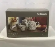 Pier 1 Imports Hua Teapot Porcelain Sake or Tea Set 4 Cups White Red Floral
