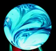 JEREMY DRISKELL GLASS MARBLE/2.370"-TURQUOISE BLACKLIGHT SWIRL-PURPLE RIBBONS
