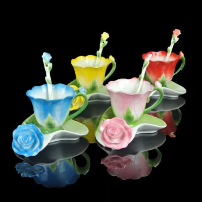 1Pc Retro Coffee Mug Exquisite Rose Ceramics Coffee Tea Cup Set with Dish Spoon