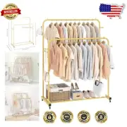 Movable Gold Clothing Rack with Bottom Shelf – Multi-Functional Storage Solution
