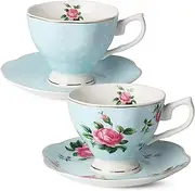 BTäT- Floral Tea Cups and Saucers, Set of 2 (Blue - 8 oz) with Gold Trim and Gift Box, Coffee Cups, Floral Tea Cup Set, British Tea Cups, Bone China Porcelain Tea Set, Tea Sets for Women, Latte Cups