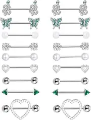 [Tornito] 9 Pairs Nipple Rings 14G Stainless Steel Heart Butterfly Snake Ball Emerald Triangle CZ Barbell Tongue Rings Set Cute Body Piercing Jewelry for Women 16mm Rose Gold Silver Tone
