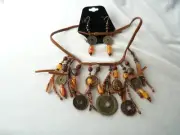 Faux Leather & Amber Beads Dangle Coin Fringe Bib Necklace & Earrings Set
