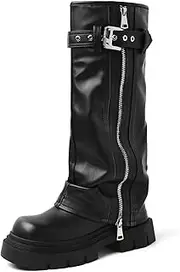 [YIYA] Women's Platform Fold Over Biker Knee High Boots Belt Buckle Square Toe Chunky Heel Zipper Tall Boots Motorcycle Long Combat Boots