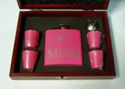 #1 Mom Pink 6 oz Stainless Steel Flask w 4 shot glasses & funnel in rosewood box