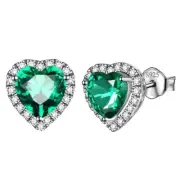 Sterling Silver 925 Halo Birthstone Heart Shape Cubic Zirconia Earring Studs