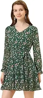 [Allegra K] Women's Floral Fall Long Sleeve Elastic Waist Layered Ruffle Hem Dress with Belt
