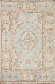 Light Blue Geometric Oushak Turkish Wool Hand-made Accent Rug Foyer Carpet 2x3