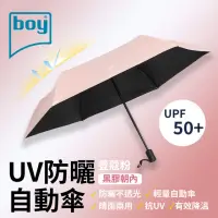 在飛比找momo購物網優惠-【boy】抗UV三折防曬自動傘_荳蔻粉(黑膠 自動傘 晴雨傘