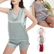 Womens Pure Silk Pajamas Set Pyjamas Sleepwear Tank Top Tee Shorts Loungewear
