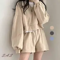 在飛比找momo購物網優惠-【SAS】韓版慵懶風寬鬆長袖兩件式運動套裝(3色可選 兩件式