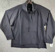 Josie NATORI Solstice Mock-Neck Top Women's XL Black 1/2 Zip Kangaroo Pocket L/S