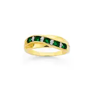 9ct Gold, Created Emerald & Diamond Channel Set Ring in Green