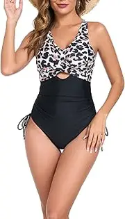 [Yeelewo] Women's One Piece Swimsuits Tummy Control Front Cross Bathing Suits Wrap Tie Back Slimming Leopard Print Swimsuit