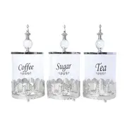 Set 3 Clear Glass & Silver Trim Kitchen Canisters- Coffee Tea Sugar