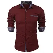 Catzon Mens Casual Long Sleeve Plaid Collar Polo Shirt with Pockets-Red