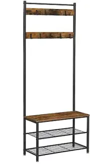 Rustic Brown Coat Rack Stand with Hallway Shoe Rack and Bench with Shelves Matte