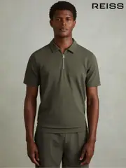 Reiss Green Smoke Albany Textured Zip-Neck Polo Shirt (E11906) | $135