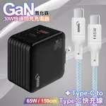 HANG 30W雙孔 氮化鎵GAN快充USB+TYPE-C超快充電器-黑+65W高密編織TYPE-C TO TYPE-C快充充電線1.5米