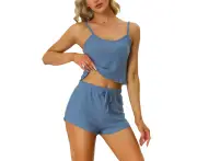 cheibear Tops Shorts Knit Camisole Pajamas Sets Blue