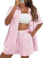 [Generic] Two Piece Outfits for Women Summer Shirts and Drawstring Shorts Set Casual Lounge Tracksuit Sets