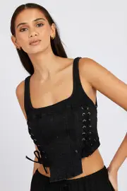 Black Corset Sleeveless Scoop Neck Lace Up Stretch - Size 14, Women's Cami