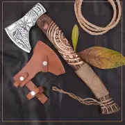 Handmade Rare Art Carbon Steel Blade Viking Throwing Axe - Carved Ashwood Handle